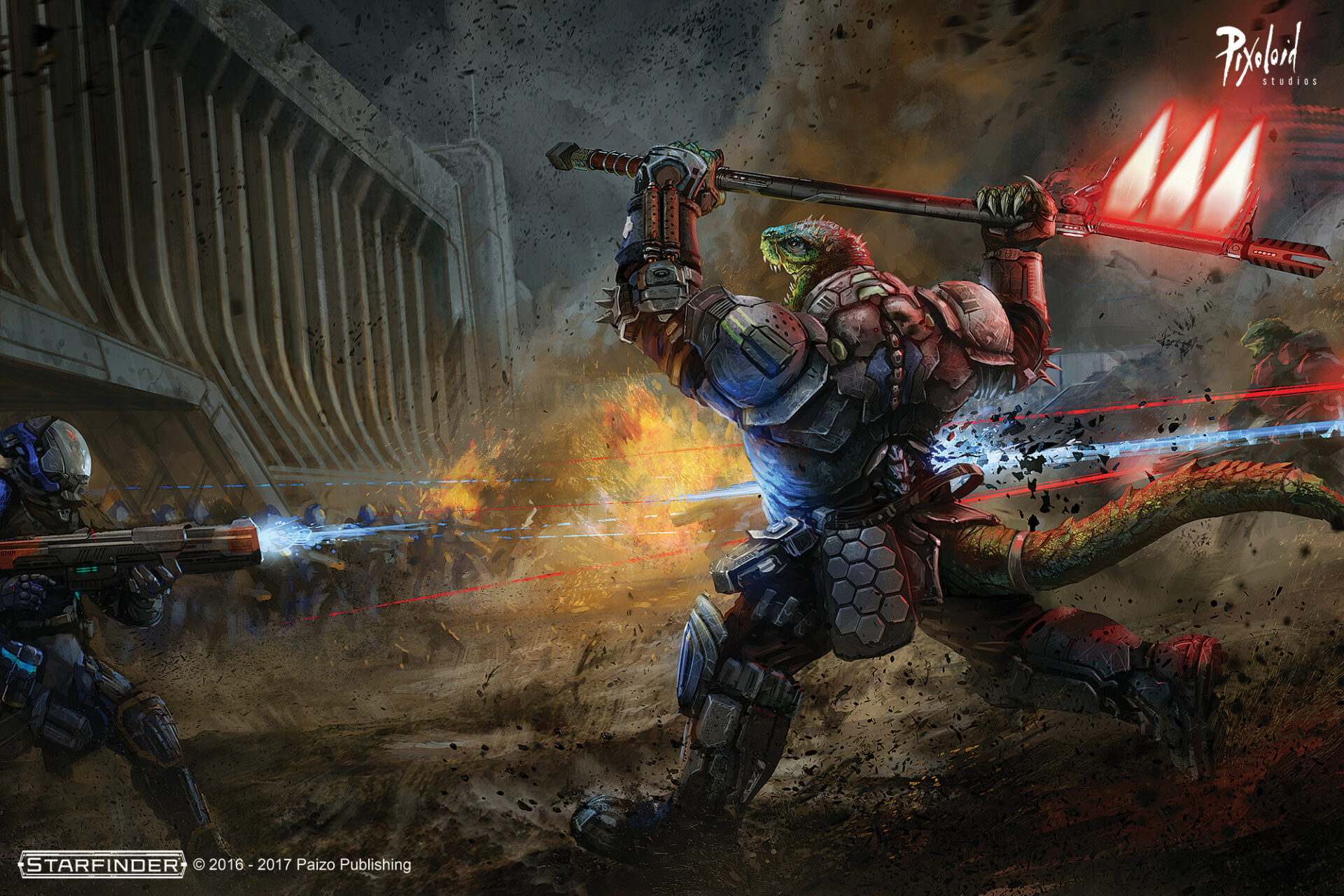 Starfinder illustration - laser battle scene