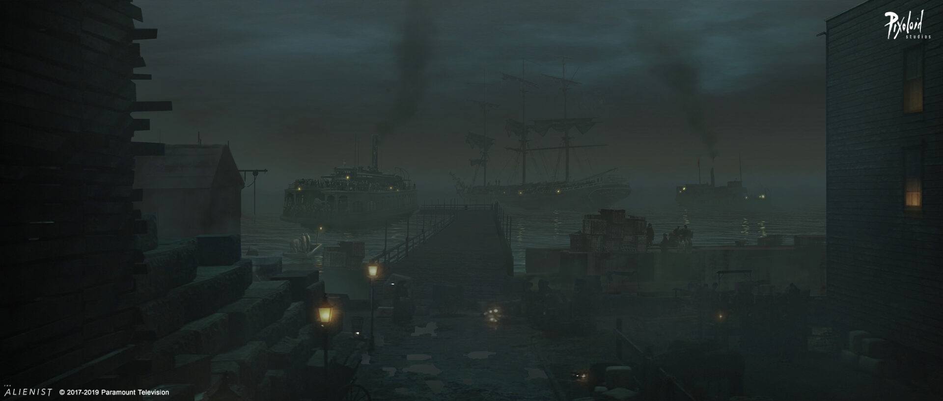 Concept art for The Alienist - Harbor at night, steam ships