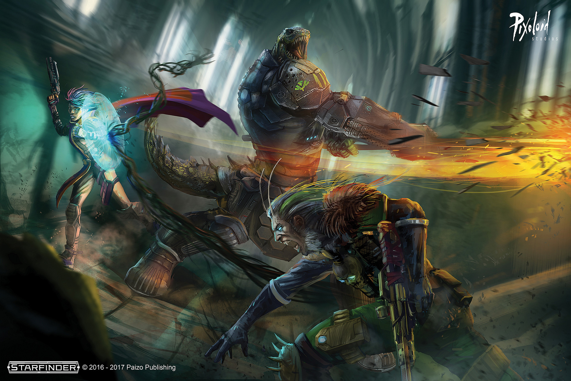 Battle scene illustration for a scifi rpg by Paizo publishing